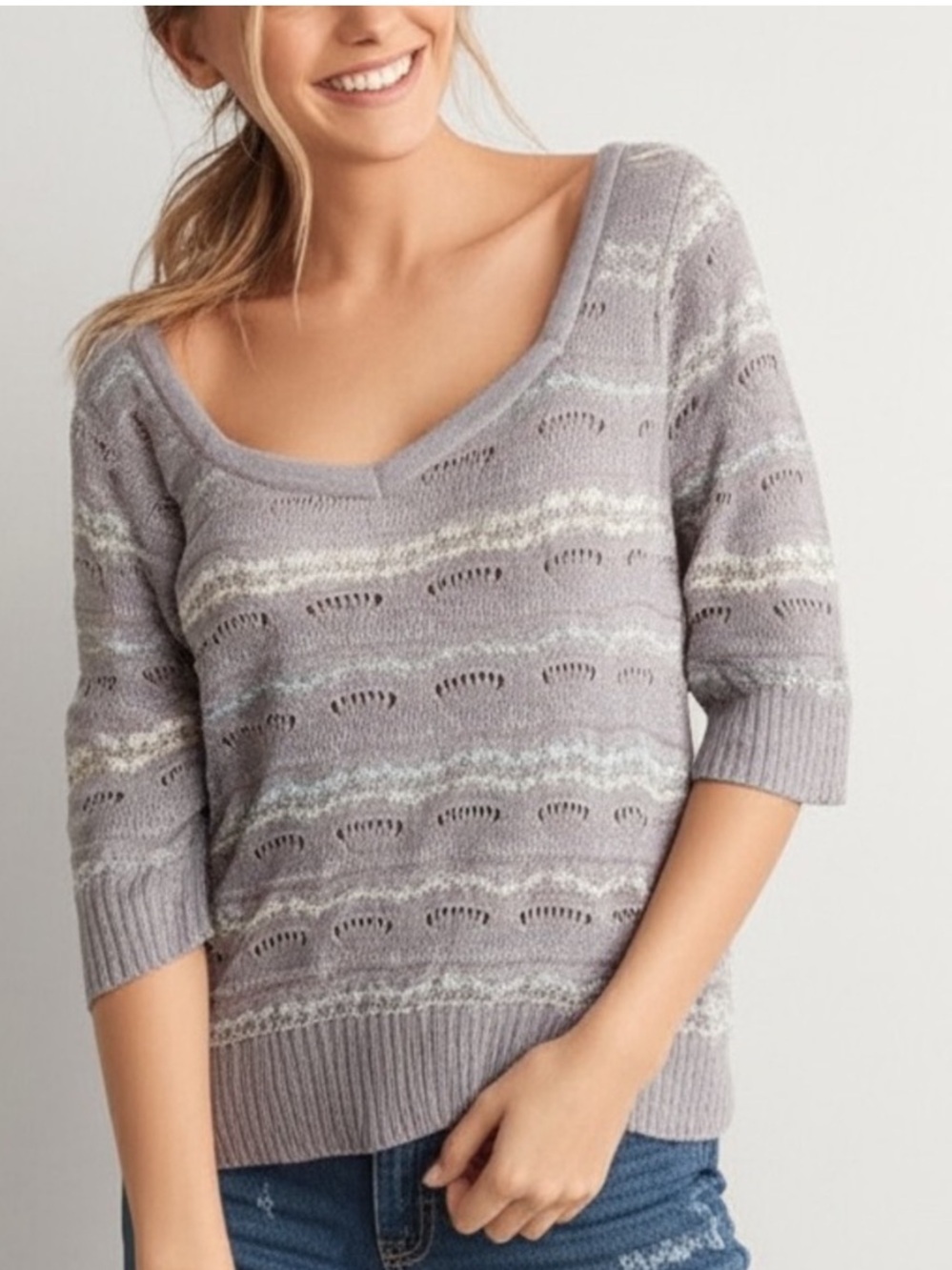 Free People Wool Cotton Fair Isle Shimmer Knit Cut Out Back Sweater Gray Blue